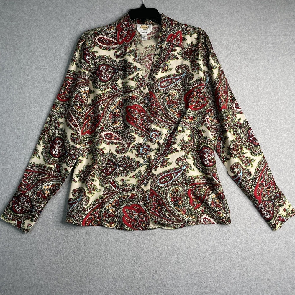 Talbots Pure Silk Top Women 12 Multicolored Paisley Floral Long Sleeve Button Up